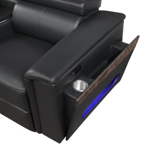 English Elm Nova Tech Sectional with Led Bar Bluetooth Speakers Power Recliners and Freezer Console Black B009S02165