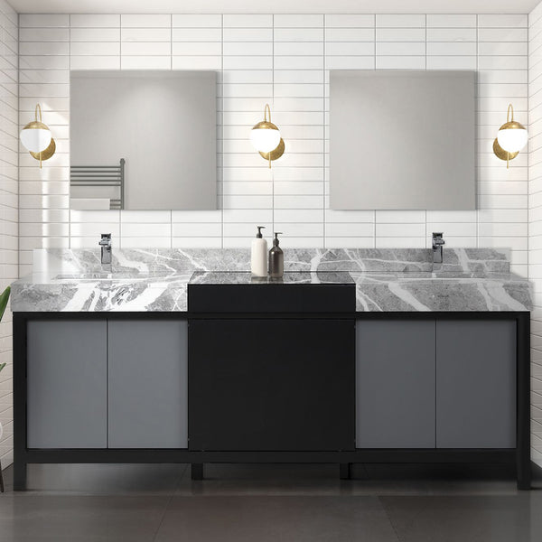 English Elm Black Double Bath Vanity 84" W With Castle Grey Marble Top - Elegant Storage & Modern Charm B2731P261129