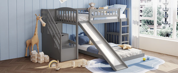 English Elm Stairway Twin Bunk Bed with Slide Storage Drawers and Safe Staircase for Kids LT200156AAE