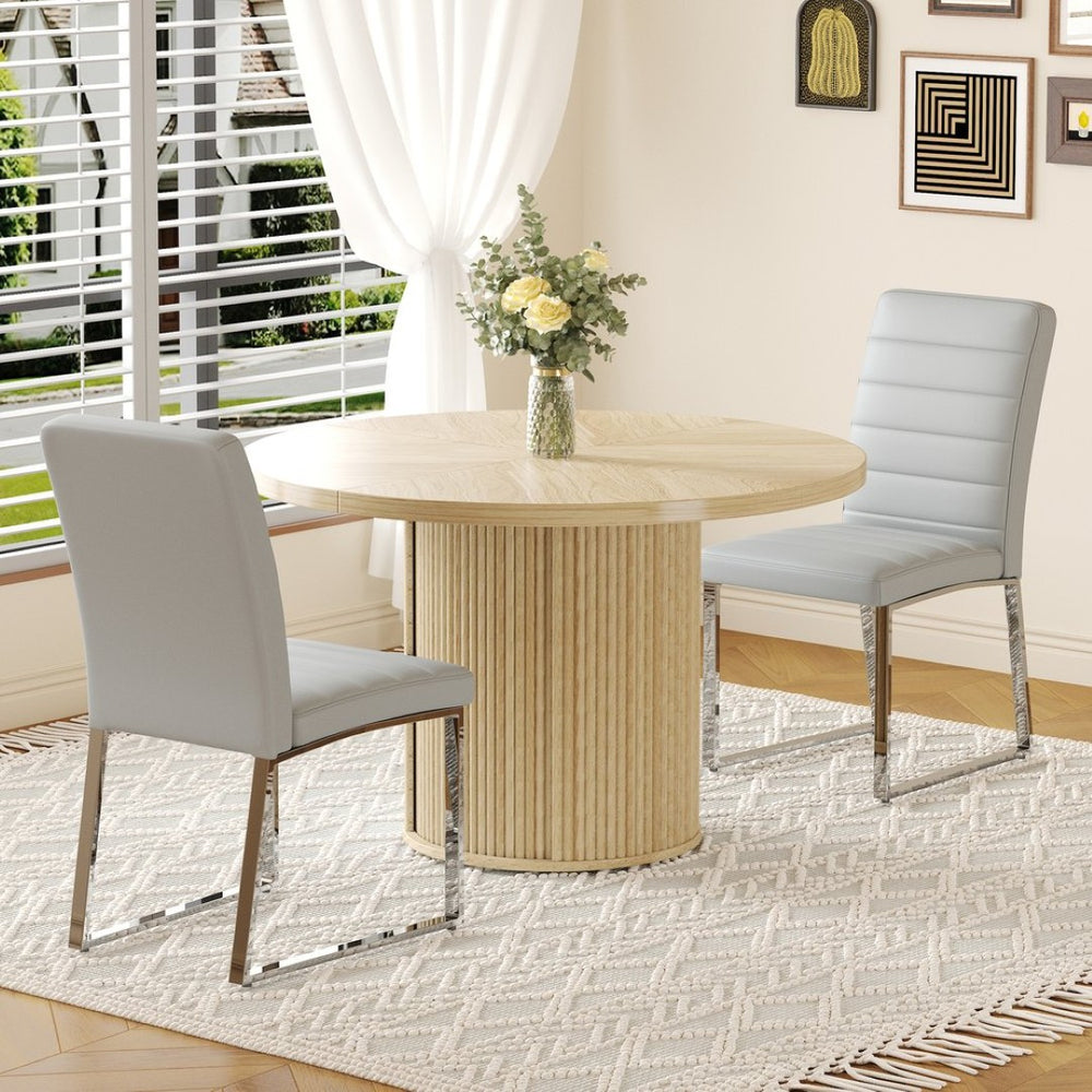 English Elm 2piece Round Pedestal Dining Set with Fluted Column Base Pu Chairs Storage Shelf W2920S00075
