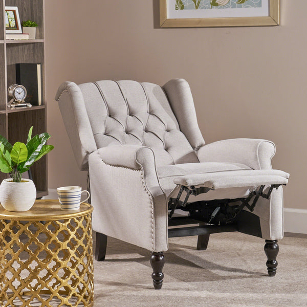 English Elm Christopher Knight Home® - Light Grey Tufted Fabric Arm Chair Recliner with Wingback Design, Button-Tufted Diamond Stitch Comfort and Pushback Recline, 28.5"W x 62"D Fully Reclined — Stylish Living Room Accent 56992.00LGY