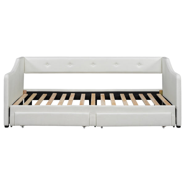 English Elm Twin XL Upholstered Daybed with Two Drawers — Convertible King Sofa Bed, Buttoned Back, Linen Upholstery Beige DL002056AAA