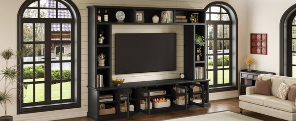 English Elm Entertainment Wall Unit with Glass Doors Open Shelving Mdf Living Room Storage Black N710S688100B