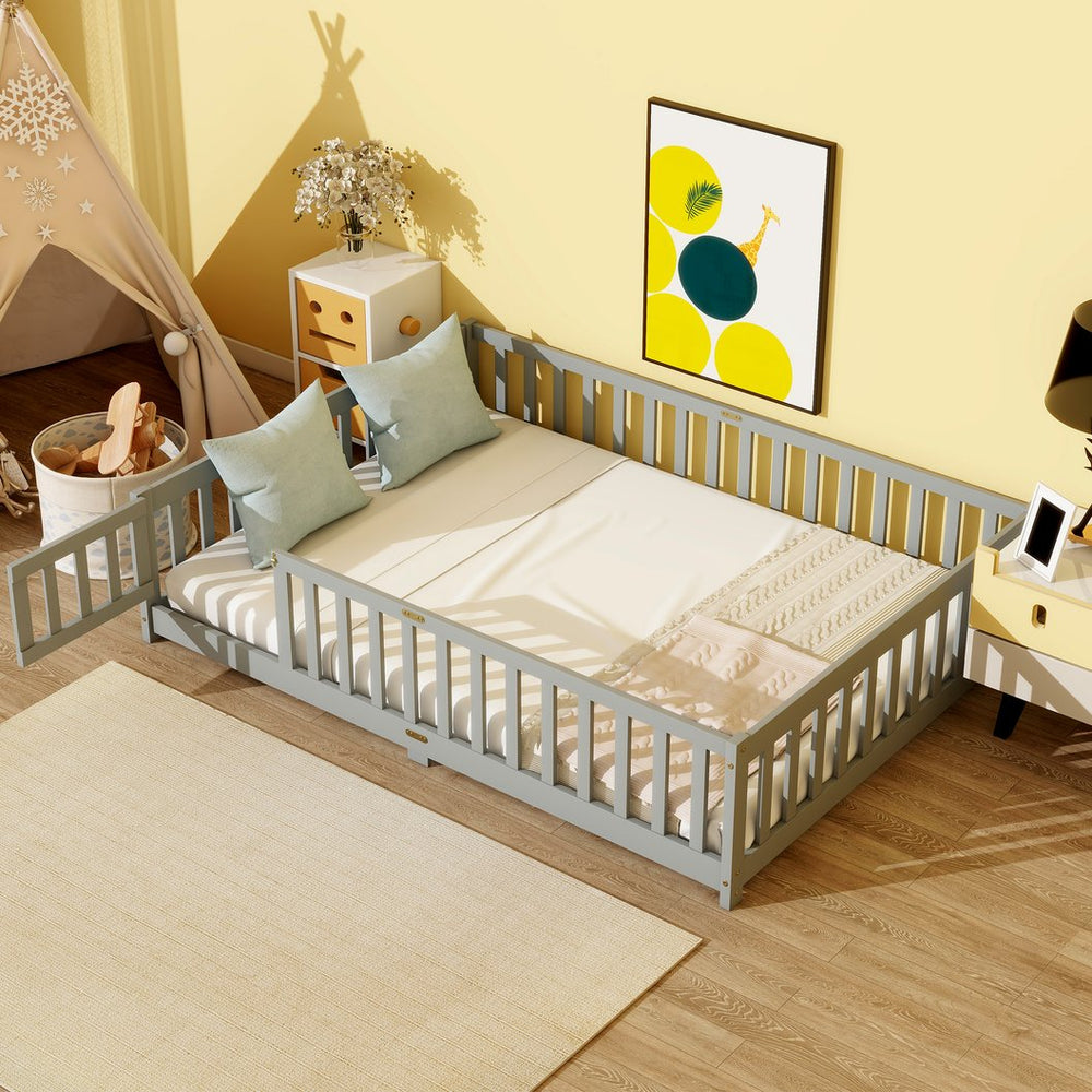 English Elm Full Size Floor Bed With Safety Guardrails & Door - Eco-Friendly Rubberwood, Easy Assembly, Grey W504P286378