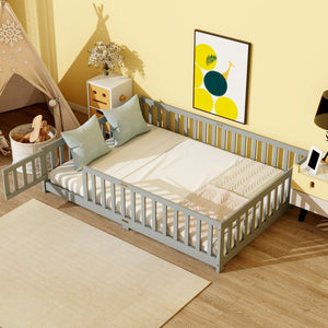 English Elm Full Size Rubberwood Floor Bed with Safety Guardrails and Latching Door for Toddlers Grey W504P429296