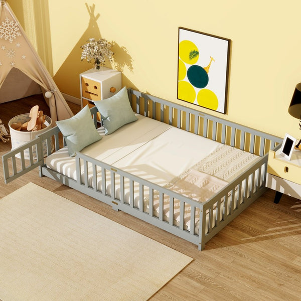 English Elm Full Size Rubberwood Floor Bed with Safety Guardrails and Latching Door for Toddlers Grey W504P429296