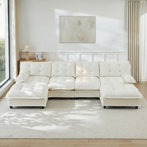 English Elm 138" U-shaped Chenille Cloud Sectional Sofa Four Seat Modular with Ottomans Lounge W714S01685