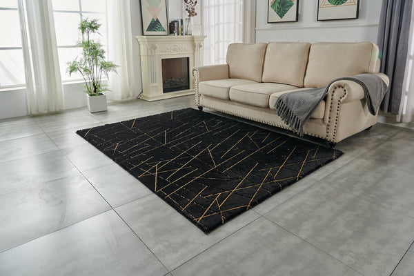 English Elm Luxury Plush Black Geometric Abstract Faux Fur Area Rug With Gold Accents - Machine Washable Comfort B030P233703