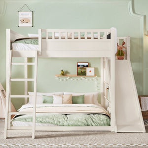 English Elm Queen Loft Bed with Upholstered Headboard Built-in Slide and Open Storage Shelves Beige W1580S00640