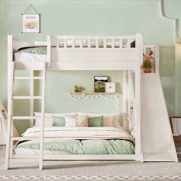 English Elm Queen Loft Bed with Upholstered Headboard Built-in Slide and Open Storage Shelves Beige W1580S00640