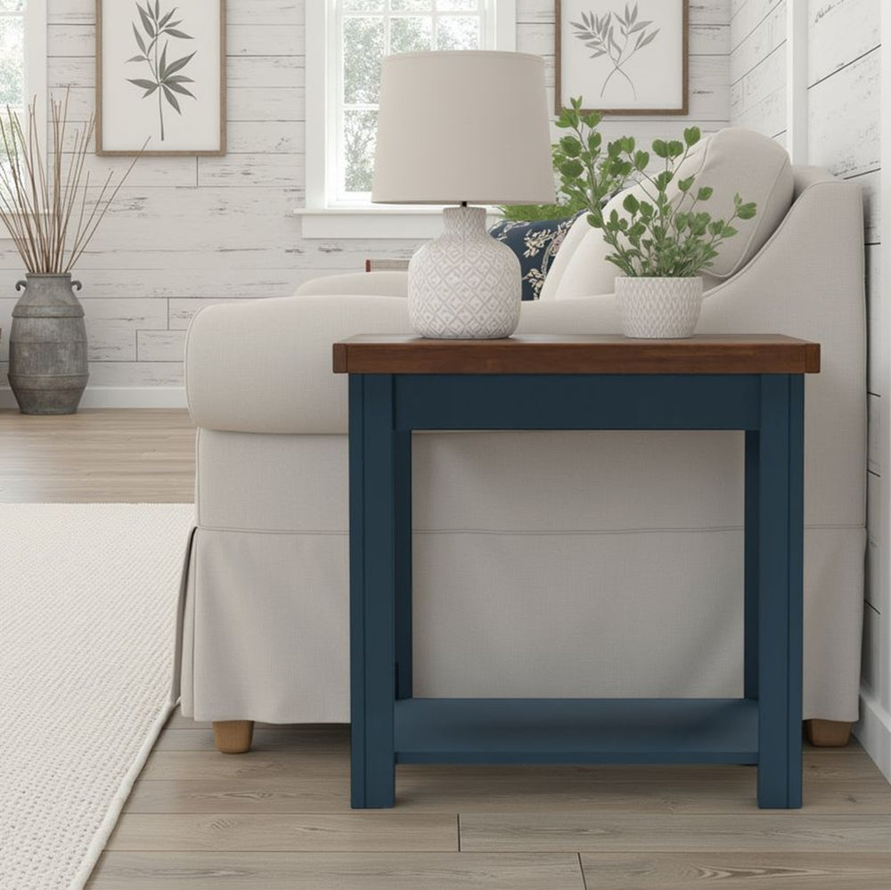 English Elm 24 24 Inch Side Table Blue Denim & Whiskey Two-Tone Farmhouse Accent End Table Fully Assembled Ready B108131554