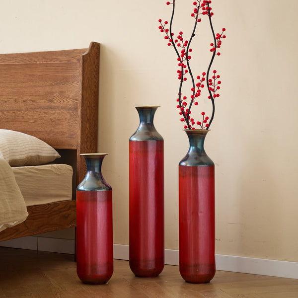 English Elm Floor Red Metal Vase Set 3-Piece Droplet Sculptures — Modern Glazed Tall Decorative Vases for Home W2796P371277