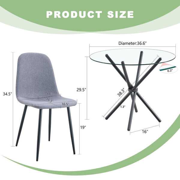 English Elm Table Set With Modern Transparent Glass Top & 4 Light Gray Linen Dining Chairs For Stylish Spaces W1151S03669-GIGA