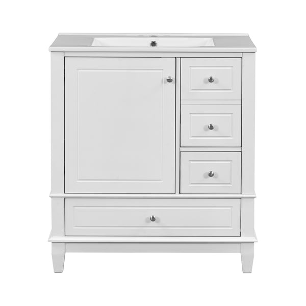 English Elm Christopher Knight Home® - 30" Freestanding Bathroom Vanity with Ceramic Sink, Soft-Close Door, Gold Knobs & 3 Drawers, Durable Painted Finish White N759P225994K