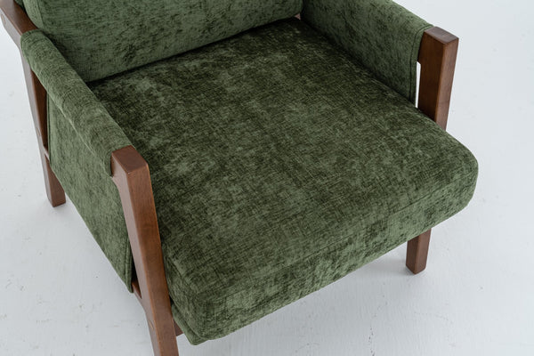 English Elm Mid-Century Solid Wood Accent Chair with Chenille Upholstery, Ergonomic Waist Support, Sturdy 300lb Capacity Green T3903P372383