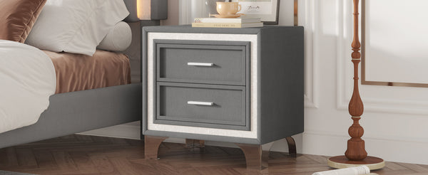 English Elm Mid Century Nightstand Velvet 2-Drawer Bedside Table with Metal Legs, Retro Space-Saving Storage and Durable Finish Gray 23.5 L x 19 W x 17 H N733P183659E