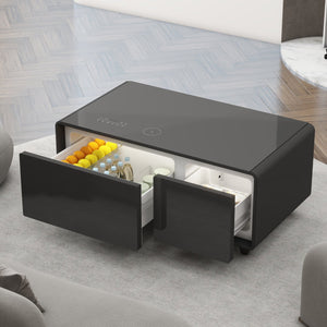 English Elm Modern Smart Coffee Table with Built-In Fridge Drawers, Bluetooth Speaker, Wireless Charger, Touch Panel Lighting and USB Ports Black W1172P354253