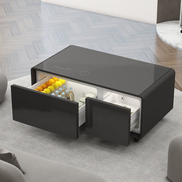 English Elm Modern Smart Coffee Table with Built-In Fridge Drawers, Bluetooth Speaker, Wireless Charger, Touch Panel Lighting and USB Ports Black W1172P354253