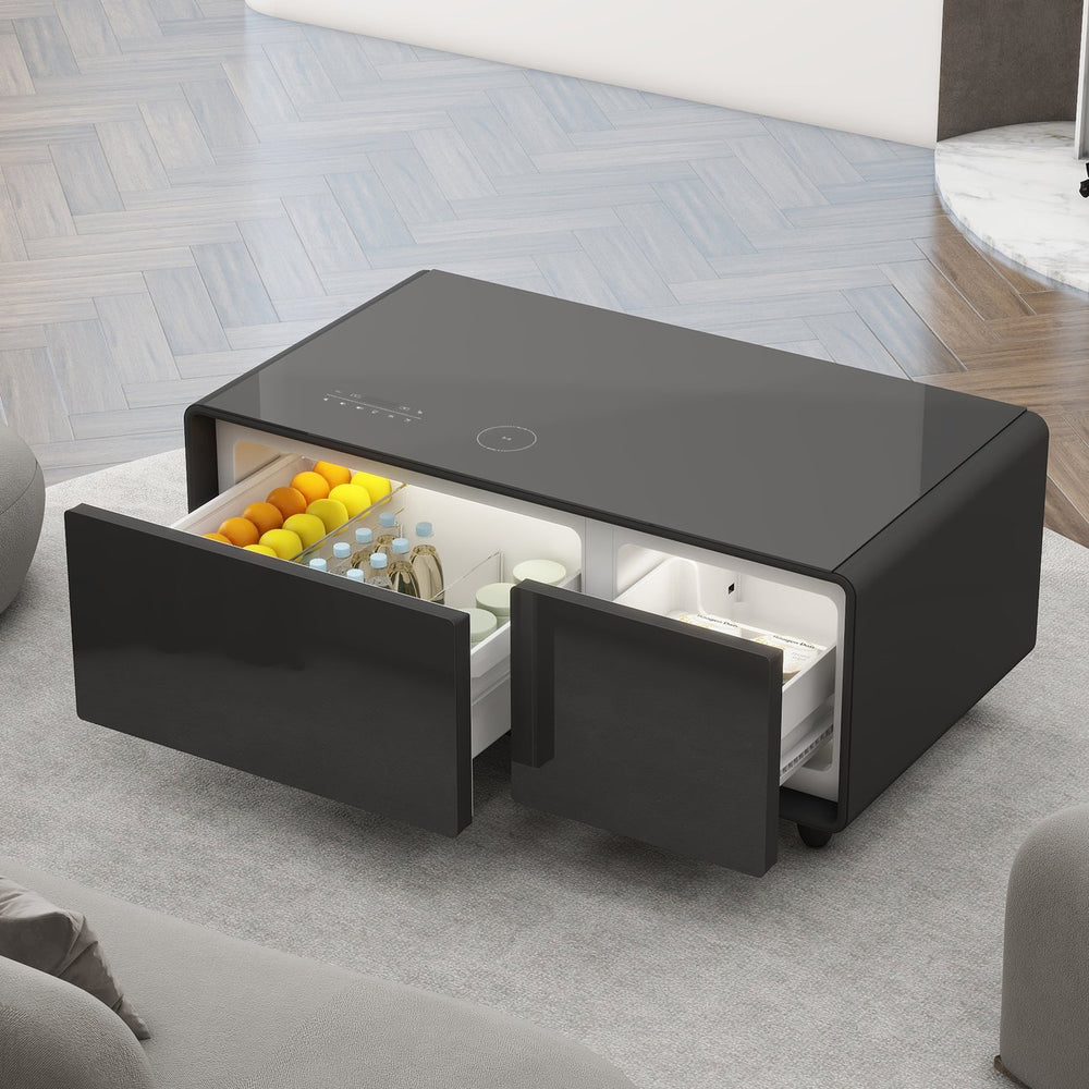 English Elm Modern Smart Coffee Table With Fridge, Bluetooth Speaker, Wireless Charging & Touch Controls, Black W1172P175395