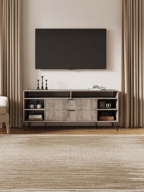 English Elm Dumbo 63" Fluted Media Console with Gold Legs, 2 Drawers, 6 Shelves & Wire Management Elegance Grey B365P397919