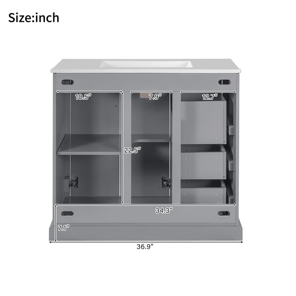 English Elm 36" Modern Bathroom Vanity with Ceramic Sink, Soft-Close Doors, 3 Drawers & Ample Storage for Small Baths Gray N729P280194E