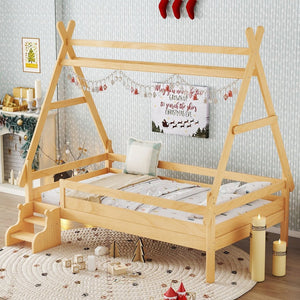 English Elm Twin House Shaped Platform Bed Solid Pine Frame with Built in Stairs for Kids W1580P354719