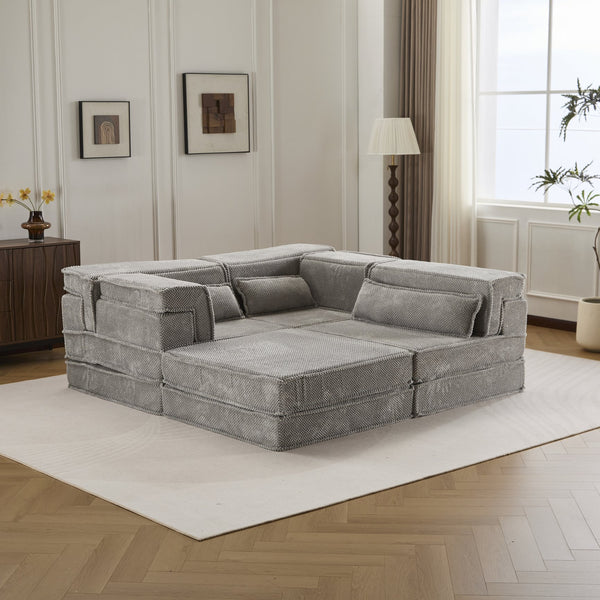 English Elm Compression Modular Sofa Bed, Versatile Light Grey Fleece Couch, No Assembly, 3-Seater & Ottoman W3723S00024