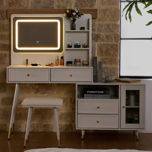 English Elm Modern Makeup Vanity Desk with LED 3-Color Mirror, Built-In Power Station, Sliding Cabinet, Stool White N844P288432A
