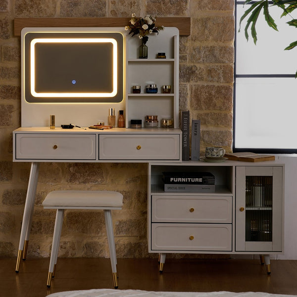 English Elm Modern Makeup Vanity Desk with LED 3-Color Mirror, Built-In Power Station, Sliding Cabinet, Stool White N844P288432A
