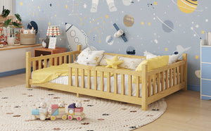 English Elm Twin Montessori Floor Bed House Frame with Led Lighting and Safety Rails for Kids Natural W2593P440573