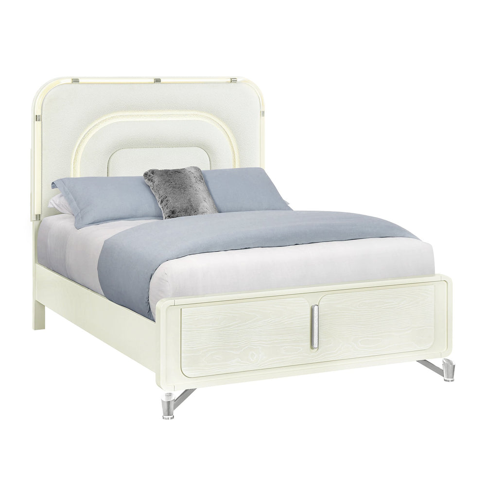 English Elm Nora Solid Wood King Bed with LED Headboard, Contemporary Geometric Legs and Rounded Edges Beige 71.85 L x 20.12 W x 5.91 H B201S00445