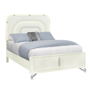 English Elm Nora Solid Wood King Bed with LED Headboard, Contemporary Geometric Legs and Rounded Edges Beige 71.85 L x 20.12 W x 5.91 H B201S00445