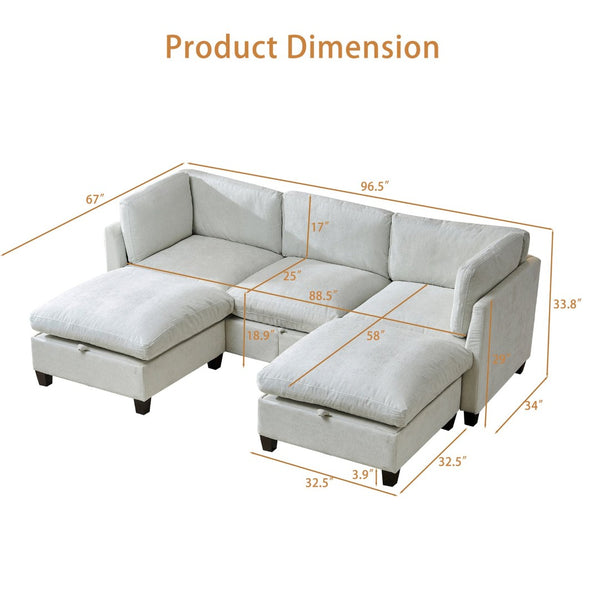 English Elm 96.5" L-shaped Chenille Sectional with Storage Ottoman Eucalyptus Frame Living Room Beige W1097S00284
