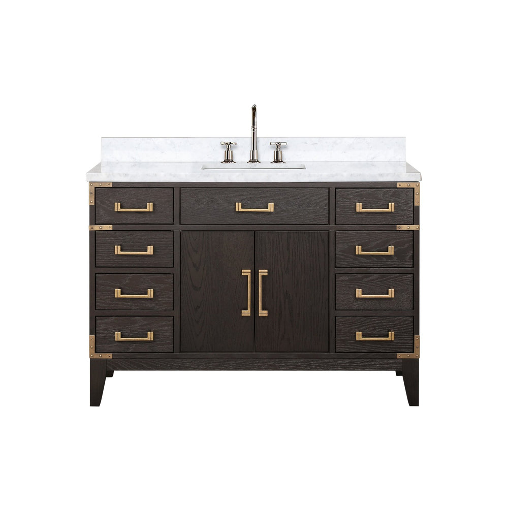 English Elm Brown Oak Single Bath Vanity With Carrara Marble Top & Chrome Faucet Set - Elegant Storage Solution B2731P259805
