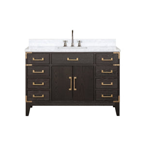 English Elm Brown Oak Single Bath Vanity With Carrara Marble Top & Chrome Faucet Set - Elegant Storage Solution B2731P259805