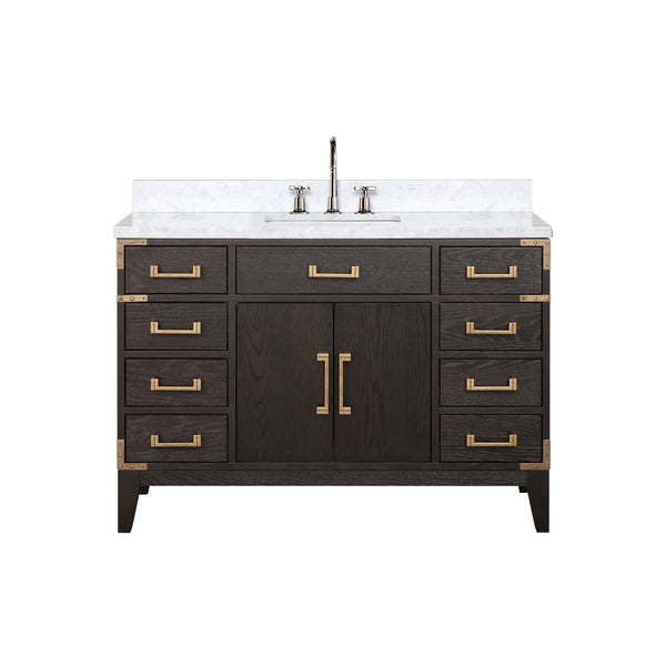 English Elm Brown Oak Single Bath Vanity With Carrara Marble Top & Chrome Faucet Set - Elegant Storage Solution B2731P259805