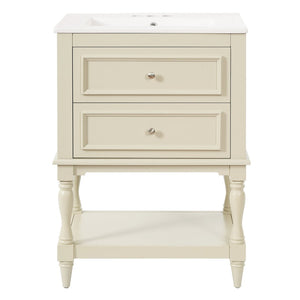 English Elm 24'' Retro Bathroom Vanity Mdf Cabinet with Ceramic Sink Open Shelf and 2 Drawers Beige N710P405414Y