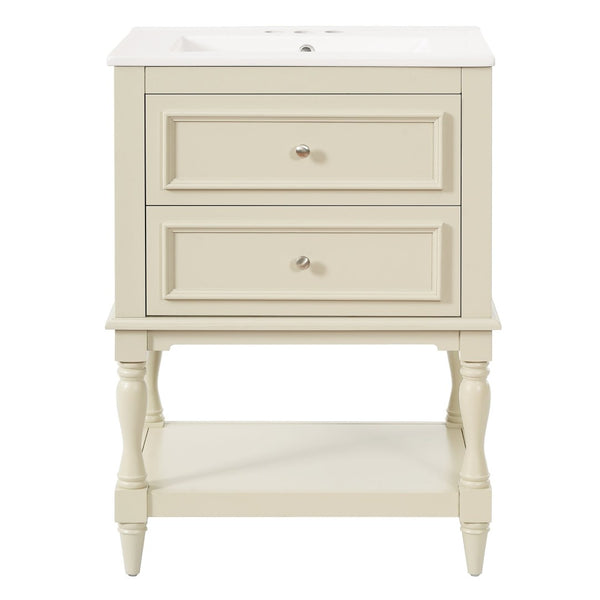 English Elm 24'' Retro Bathroom Vanity Mdf Cabinet with Ceramic Sink Open Shelf and 2 Drawers Beige N710P405414Y