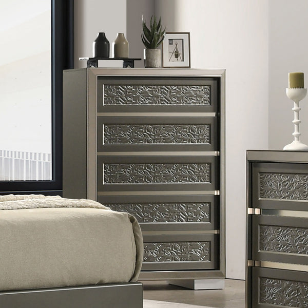 English Elm Contemporary Chic Five-Drawer Chest with Chrome Legs, High-Gloss Coating, Smooth Modern Design Dark Gray 37 L x 22 W x 54 H B2741P369859