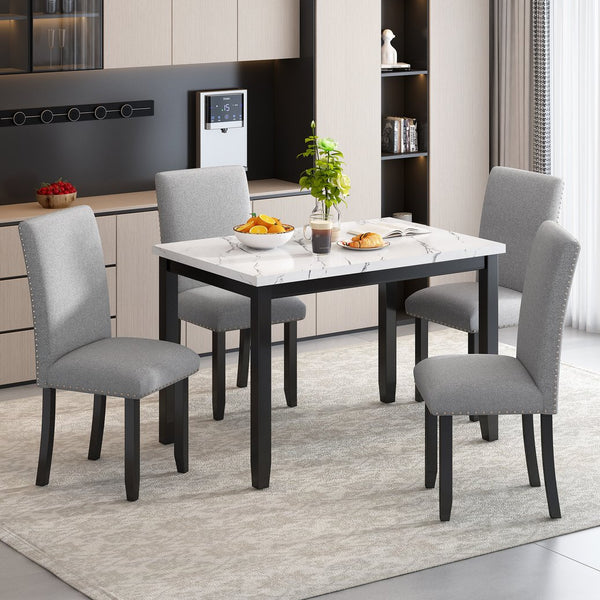 English Elm TREXM 5-Piece Dining Set for 4 with Marble MDF Table & Upholstered Comfort Chairs, Space-Saving Modern设计 ST000040AAE