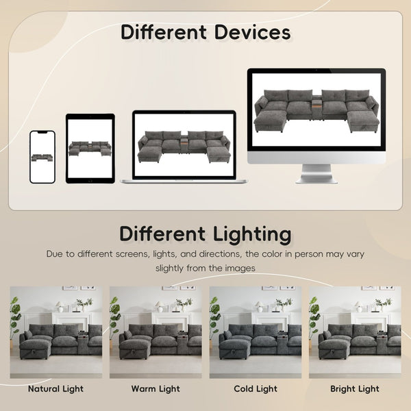 English Elm 142'' Modular Sectional Sofa - 6 Seats, Movable Ottoman, Usb Charging, Chic Chenille Style N723S9777E-GIGA