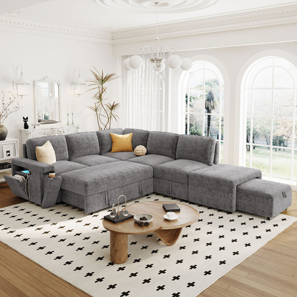 English Elm U_STYLE L-shaped Padded Modular Sofa with Storage, USB Charging, Cup Holders, 6-Seater Comfort and Style Gray WY000390AAE