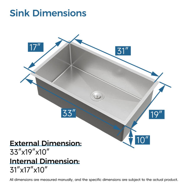English Elm Stainless Handmade Single Bowl Kitchen Sink Brushed Nickel Undermount Drop in 33 Inch T3177P370634