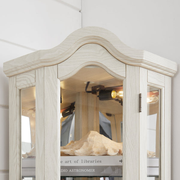 English Elm Lighted Corner Curio Cabinet With Adjustable Shelves & Integrated Lighting - Elegant White Oak Display W1758P300125