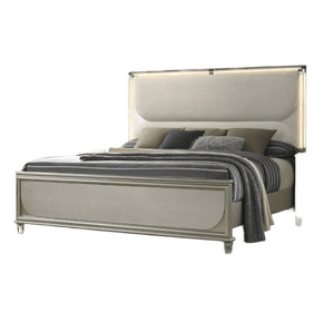 English Elm Glamorous Luxury Fabric Upholstered Queen Bed with LED Headboard, Embossed Panels & 2 Nightstands Set Silver 33 L x 21 W x 28 H B2741S00359