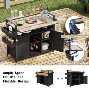 English Elm K&K Wicker Outdoor Grill Cart with Foldable Drop Leaf, Locking Wheels, Wine Rack & Ample Storage Black Brown N707P233747B