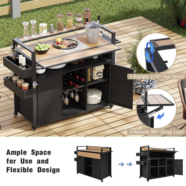 English Elm K&K Wicker Outdoor Grill Cart with Foldable Drop Leaf, Locking Wheels, Wine Rack & Ample Storage Black Brown N707P233747B