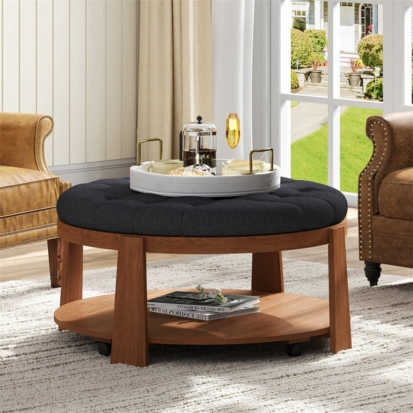 English Elm Modern Round Oversized Ottoman Coffee Table with Button Tufting, Waterproof Linen, Wheels & Lower Wood Shelf for Storage and Seating Black+Brown N735P180224B