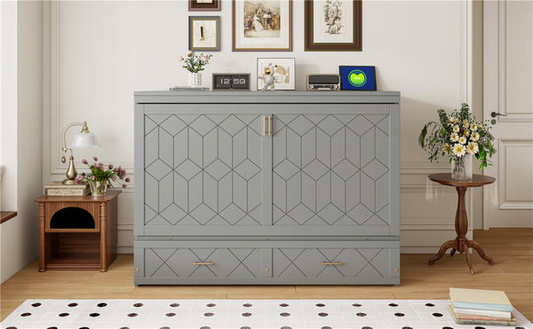 English Elm Queen Murphy Wall Bed Cabinet with Storage Drawer Built-in Power Outlets Usb Ports Gray LP000400AAE-1