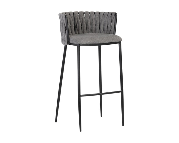 Sunpan Sarai Contemporary Barstool with Unique Weaved Backrest and Black Powder-Coated Steel Frame Belfast Koala Grey